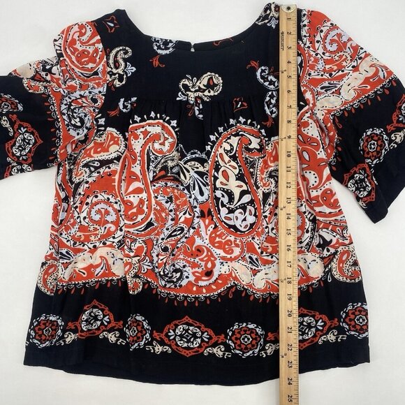 LOFT Women's Size M Red Paisley Print Blouse Flare Sleeves Rayon Boho - Picture 4 of 10